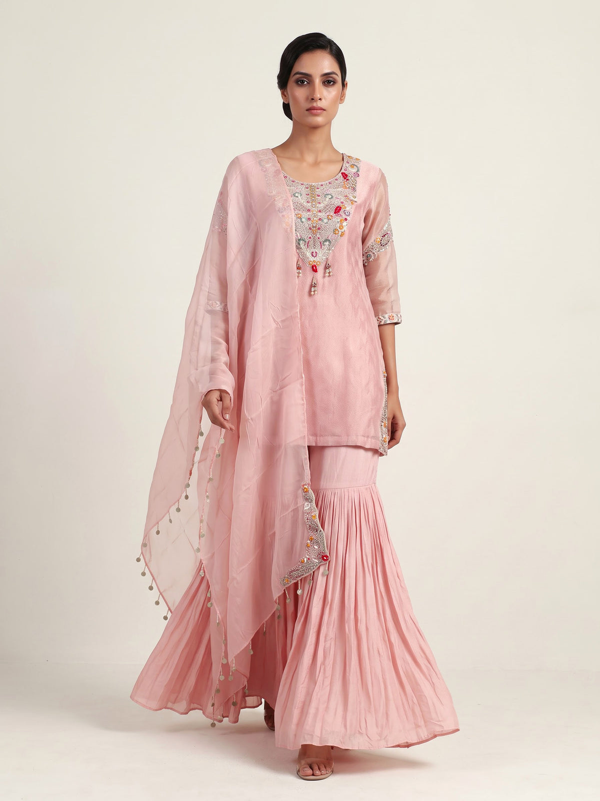 Light peach silk designer sharara suit with ornate embellishments