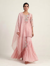 Light peach silk designer sharara suit with ornate embellishments