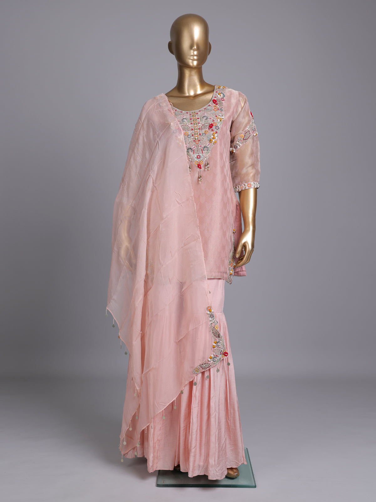 Light peach silk designer sharara suit with ornate embellishments
