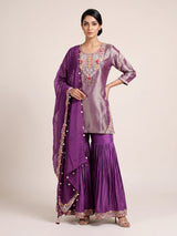 Purple silk designer sharara suit with zari and pearl detailing