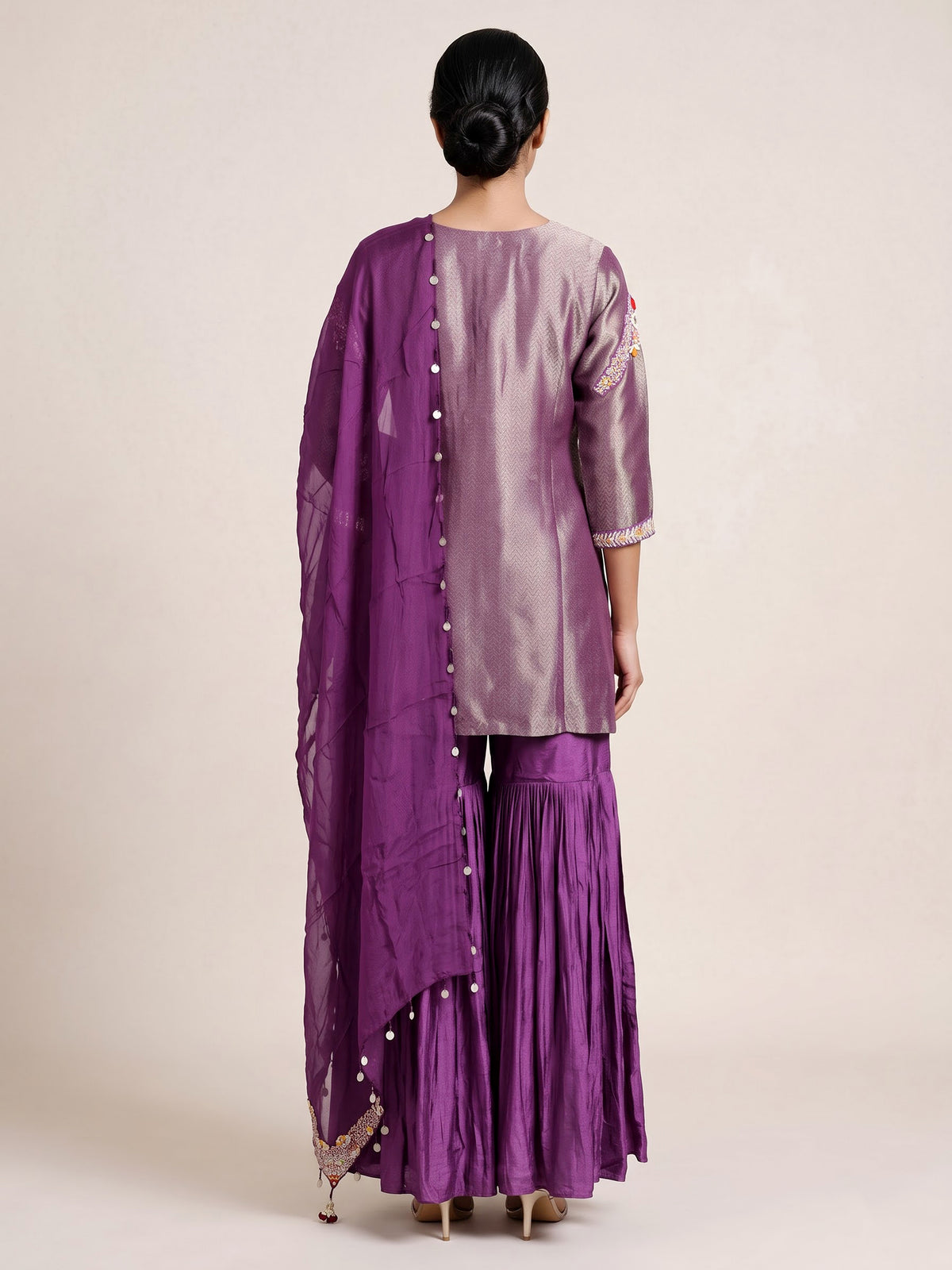 Purple silk designer sharara suit with zari and pearl detailing
