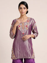 Purple silk designer sharara suit with zari and pearl detailing