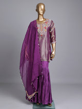 Purple silk designer sharara suit with zari and pearl detailing
