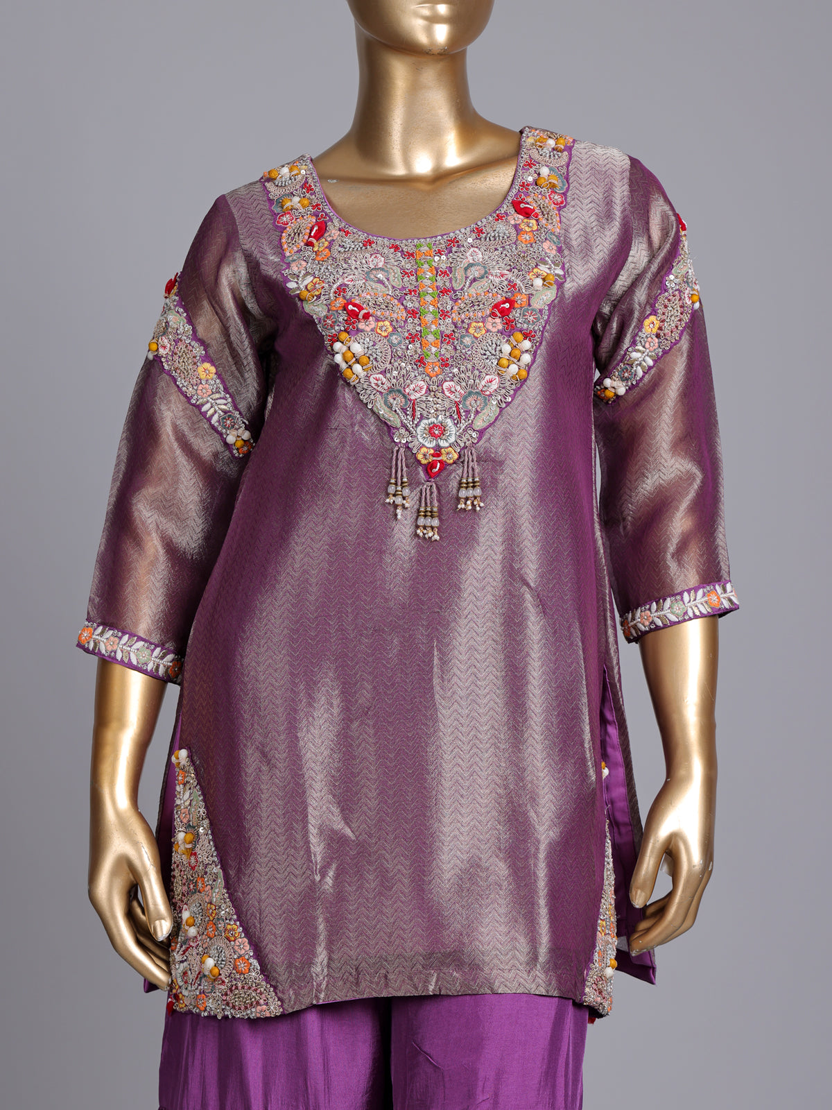 Purple silk designer sharara suit with zari and pearl detailing