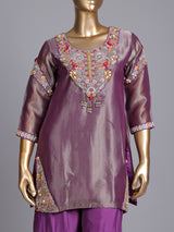 Purple silk designer sharara suit with zari and pearl detailing