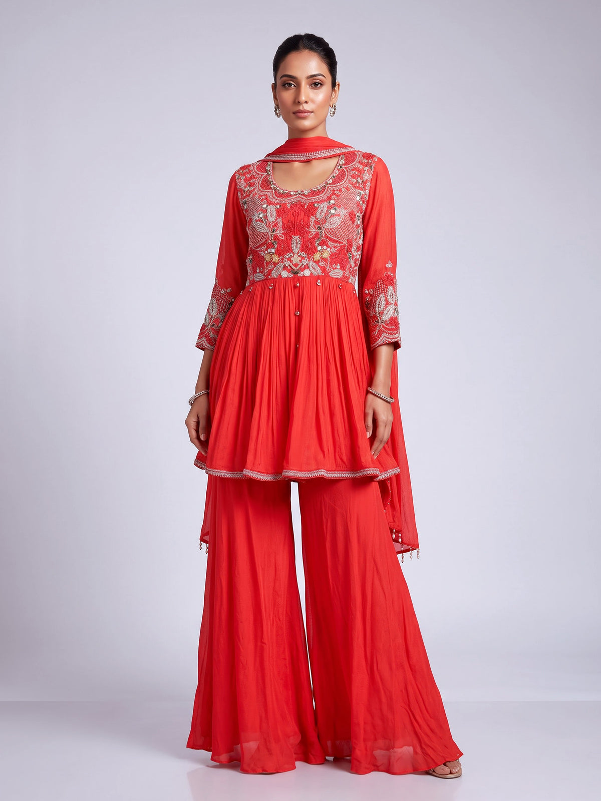 Rust red chiffon silk palazzo suit with pearl embellishments