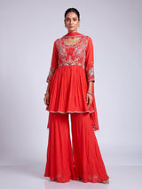 Rust red chiffon silk palazzo suit with pearl embellishments