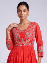 Rust red chiffon silk palazzo suit with pearl embellishments