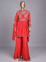 Rust red chiffon silk palazzo suit with pearl embellishments