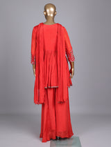 Rust red chiffon silk palazzo suit with pearl embellishments