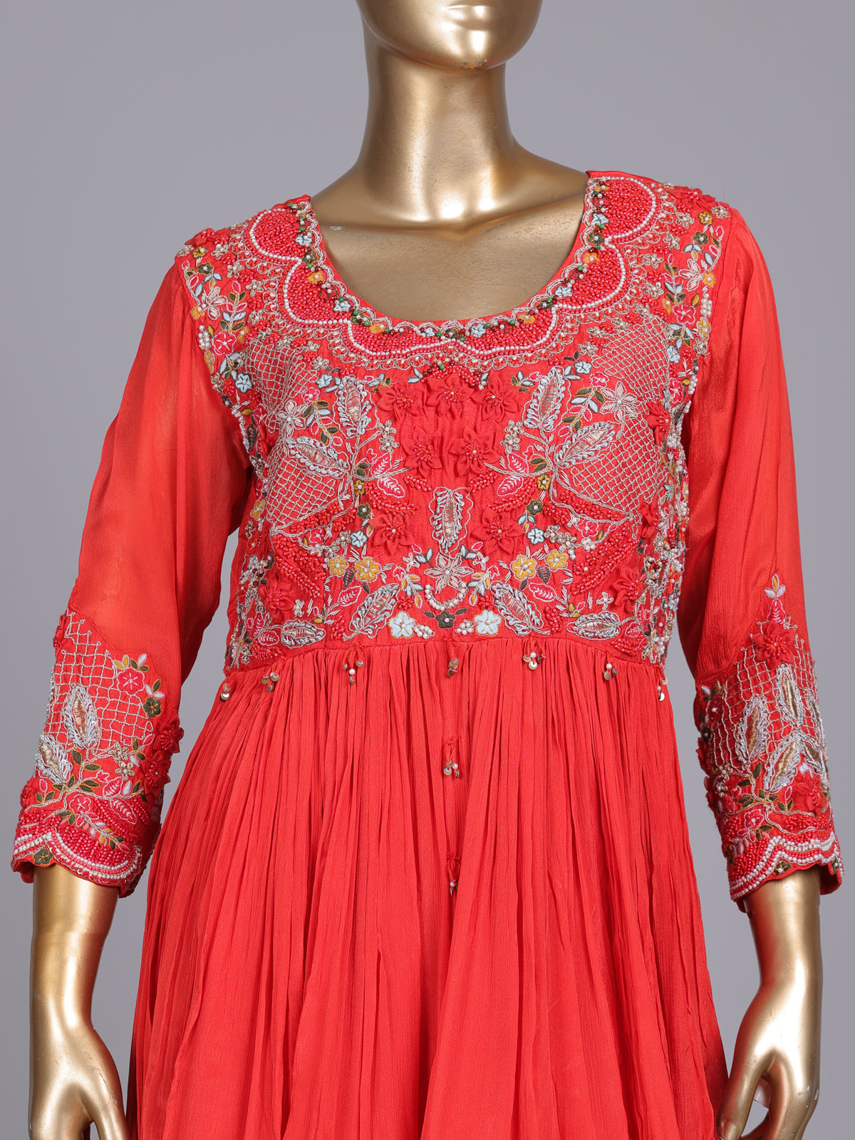 Rust red chiffon silk palazzo suit with pearl embellishments