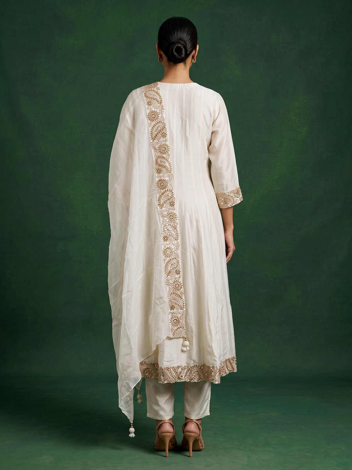 Off white silk sweetheart anarkali suit with yoke style and dupatta