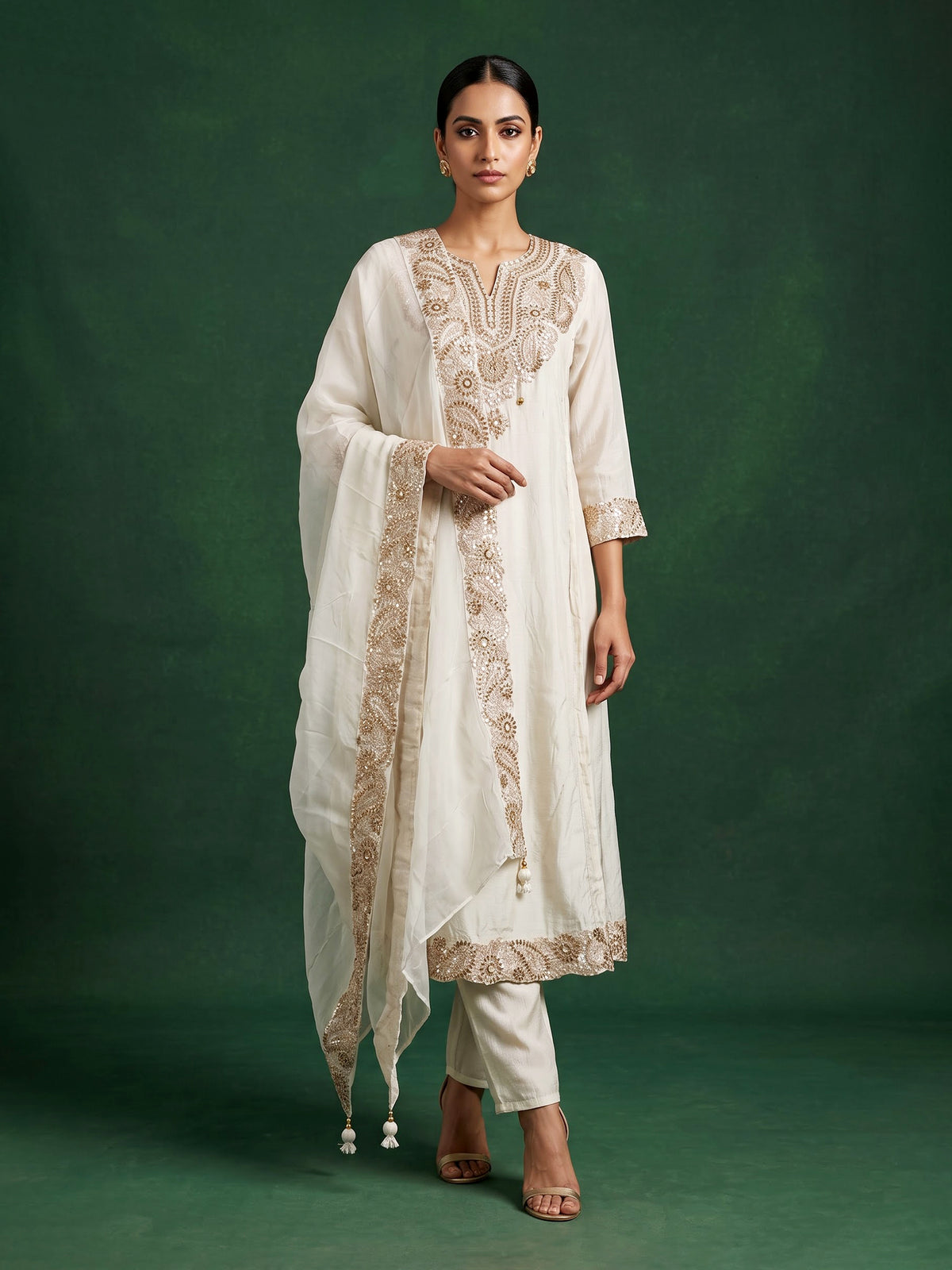 Off white silk sweetheart anarkali suit with yoke style and dupatta