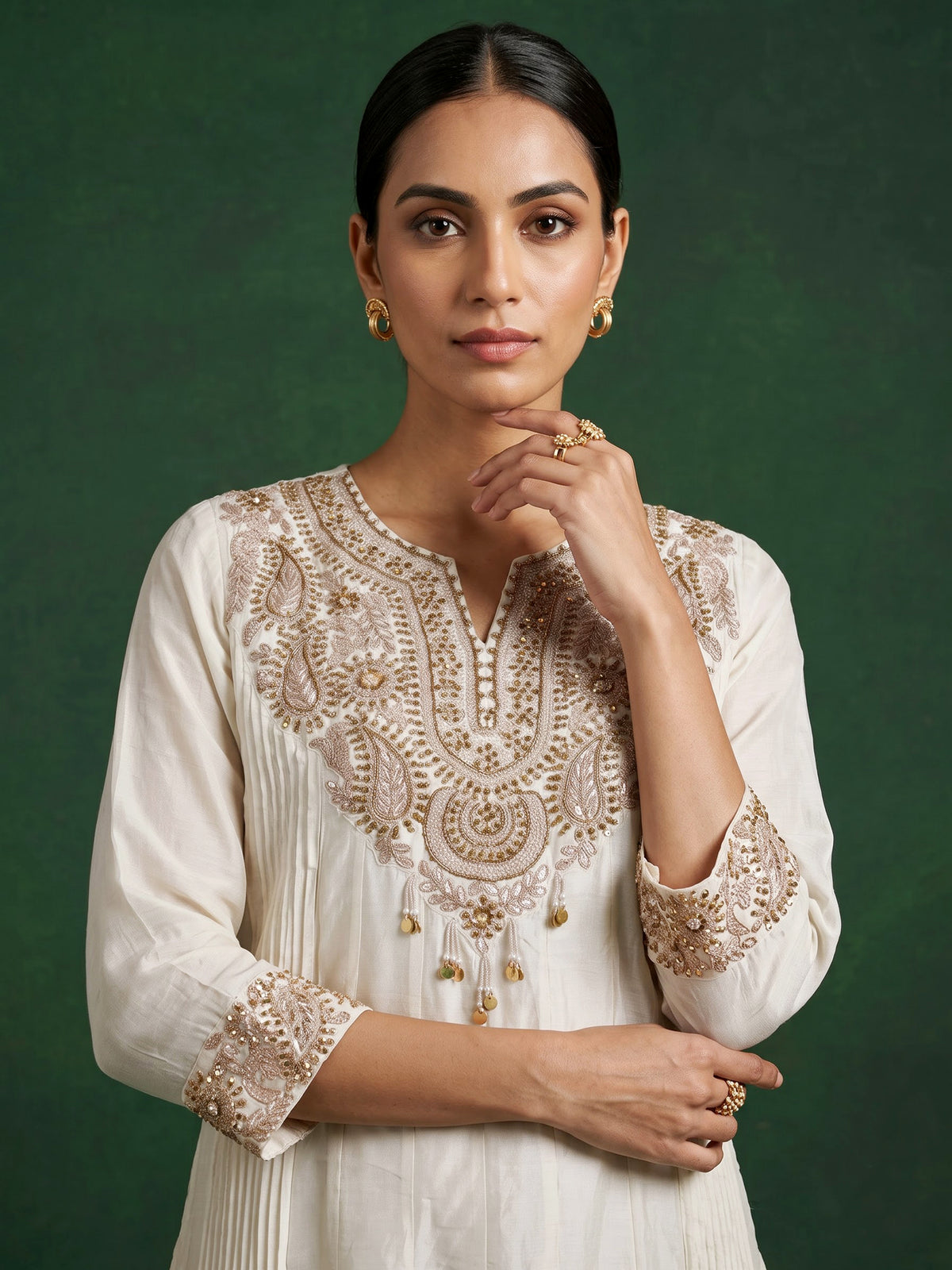 Off white silk sweetheart anarkali suit with yoke style and dupatta