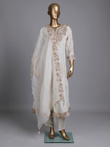Off white silk sweetheart anarkali suit with yoke style and dupatta