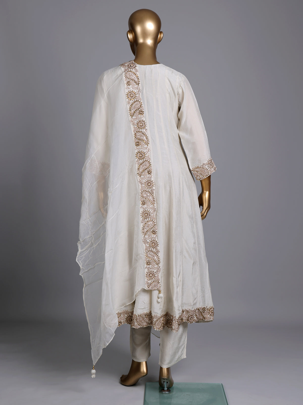 Off white silk sweetheart anarkali suit with yoke style and dupatta
