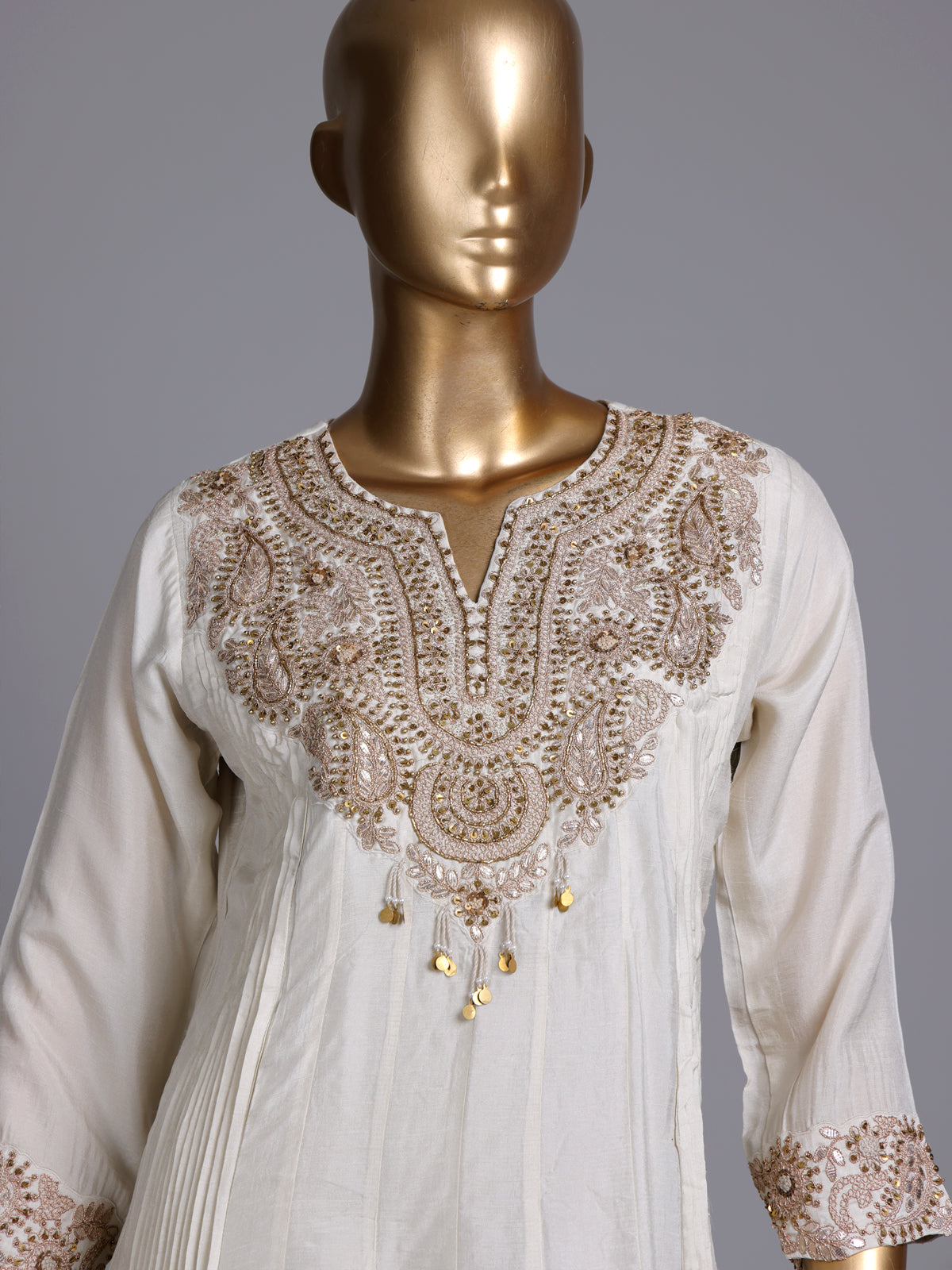 Off white silk sweetheart anarkali suit with yoke style and dupatta