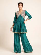 Rama green tissue silk designer palazzo suit with cutdana