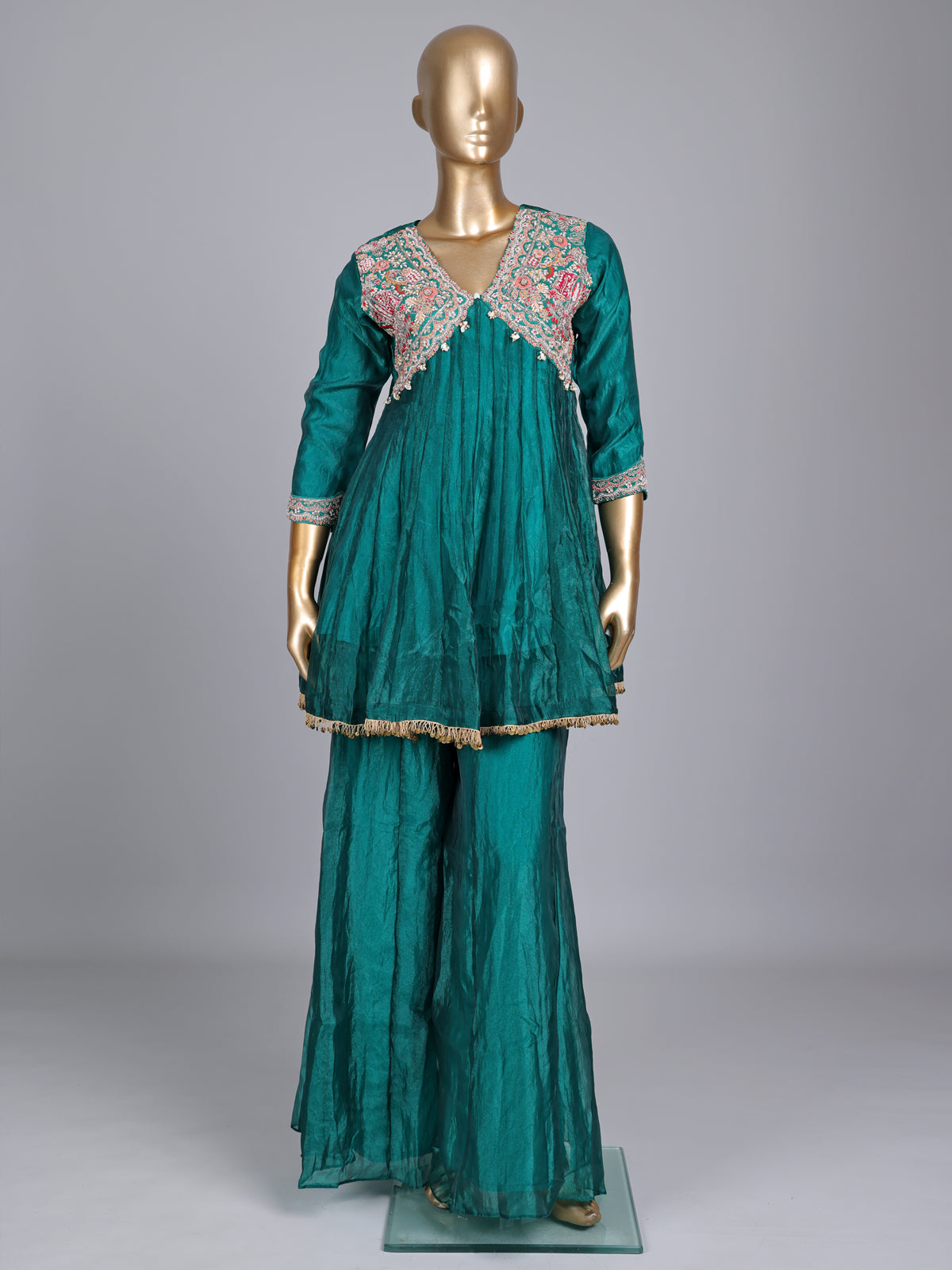 Rama green tissue silk designer palazzo suit with cutdana