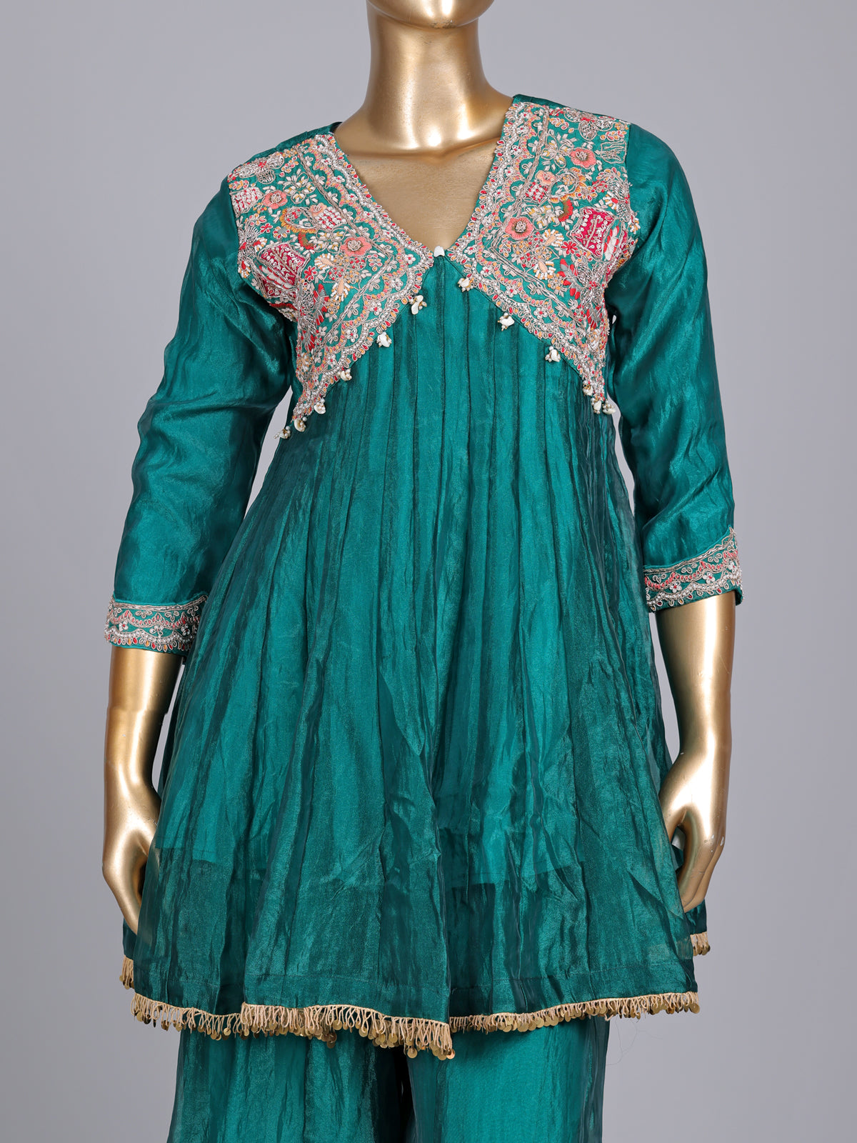 Rama green tissue silk designer palazzo suit with cutdana