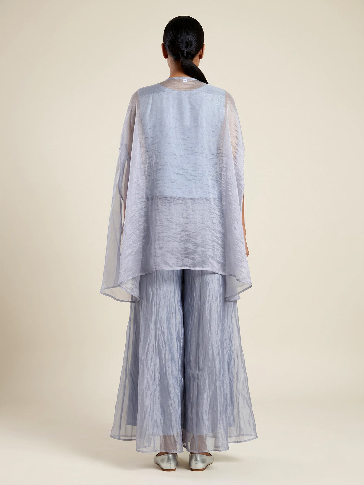 Stone grey organza tissue designer palazzo suit with tassel work