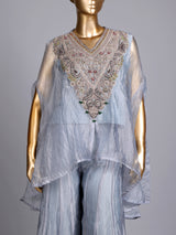 Stone grey organza tissue designer palazzo suit with tassel work