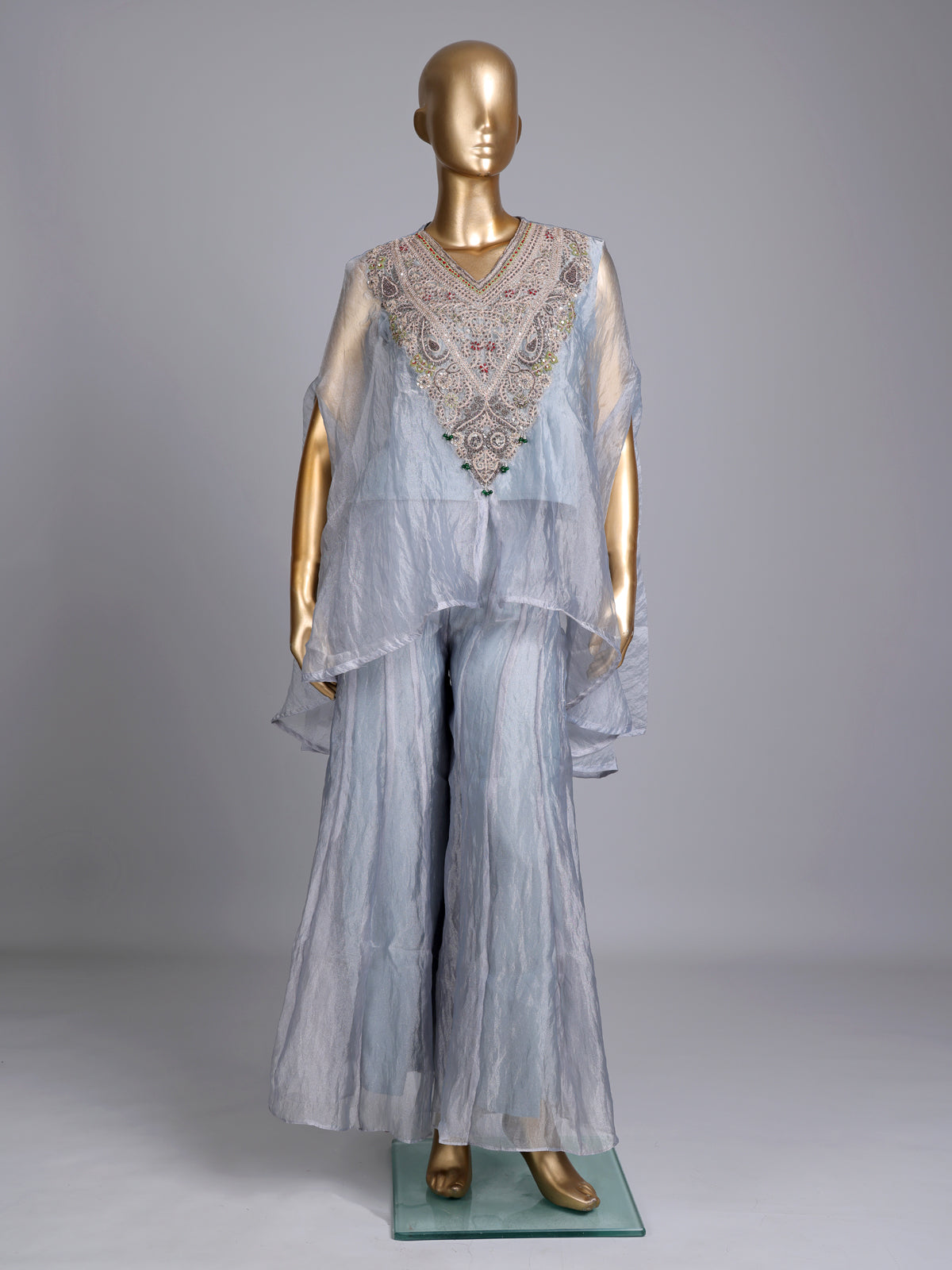 Stone grey organza tissue designer palazzo suit with tassel work
