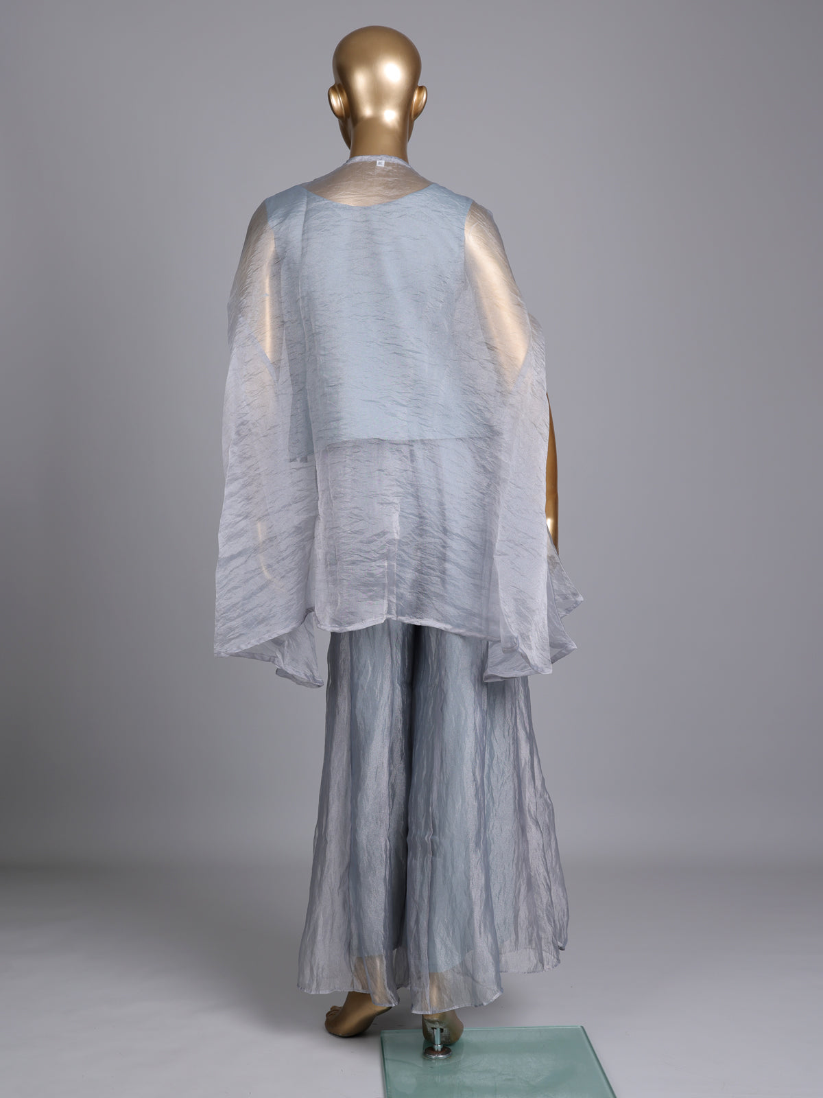 Stone grey organza tissue designer palazzo suit with tassel work
