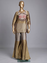 Gold silk yoke style palazzo suit with zardosi and pearls
