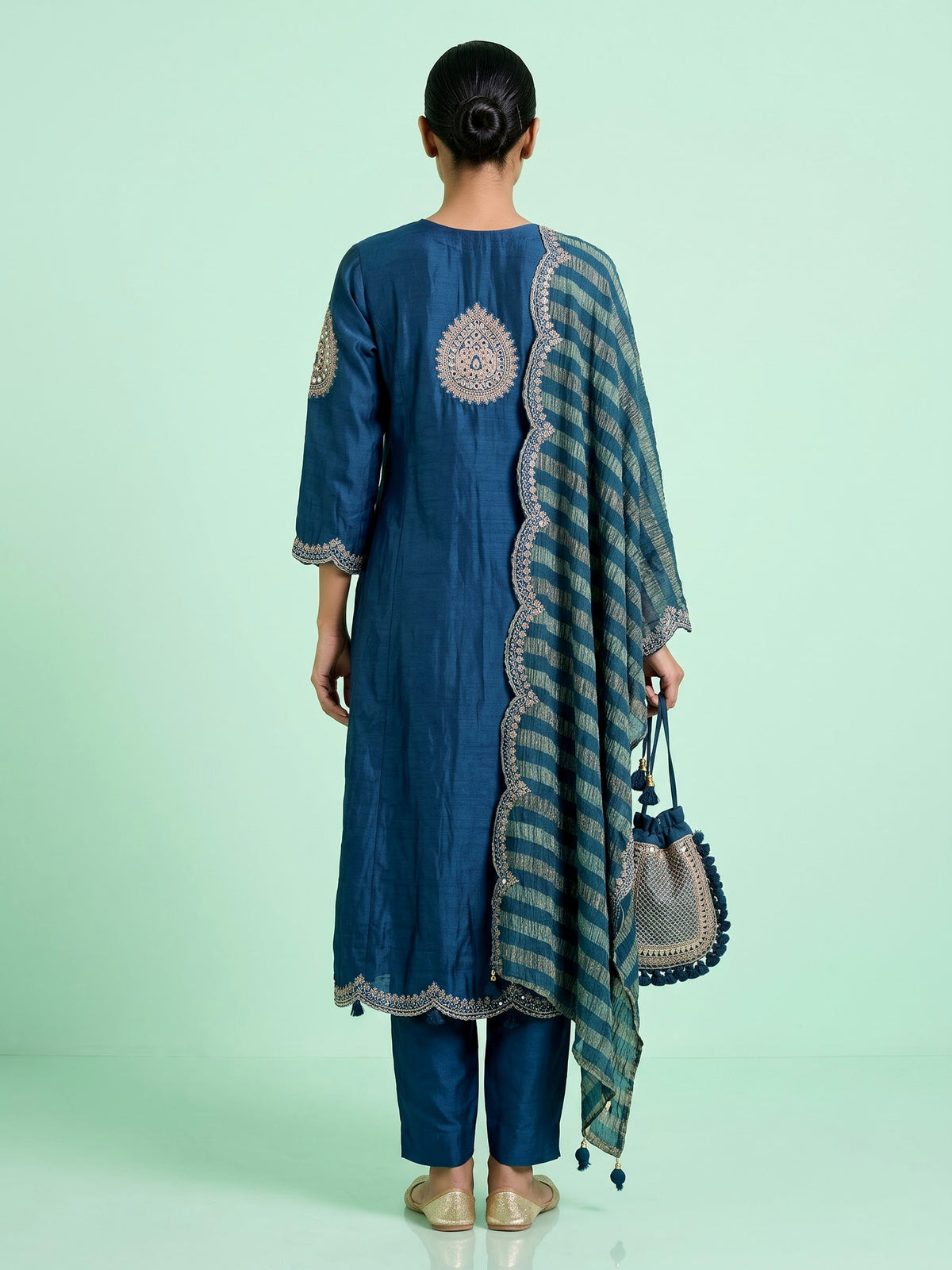 Rama blue silk anarkali suit with keyhole neckline and dupatta