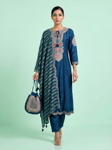Rama blue silk anarkali suit with keyhole neckline and dupatta