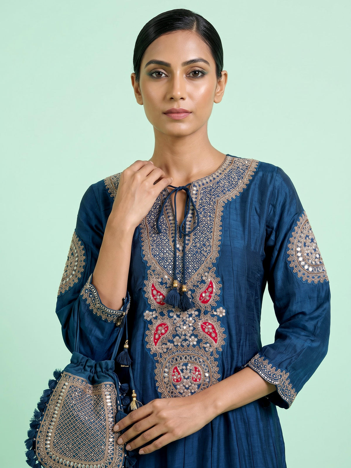 Rama blue silk anarkali suit with keyhole neckline and dupatta