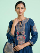Rama blue silk anarkali suit with keyhole neckline and dupatta
