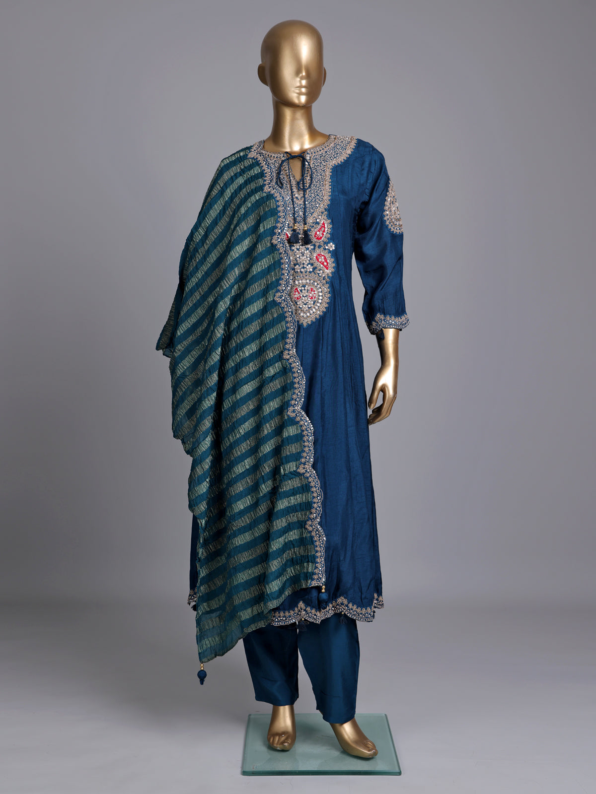 Rama blue silk anarkali suit with keyhole neckline and dupatta