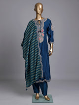 Rama blue silk anarkali suit with keyhole neckline and dupatta
