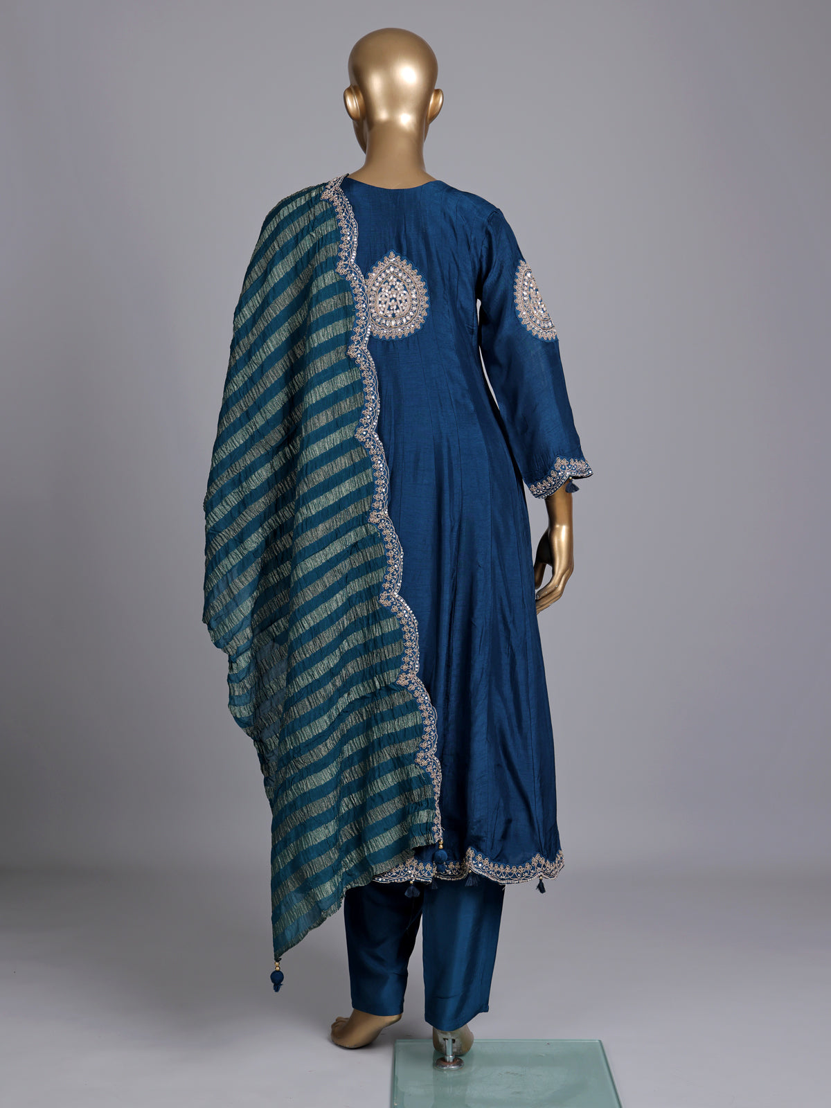 Rama blue silk anarkali suit with keyhole neckline and dupatta