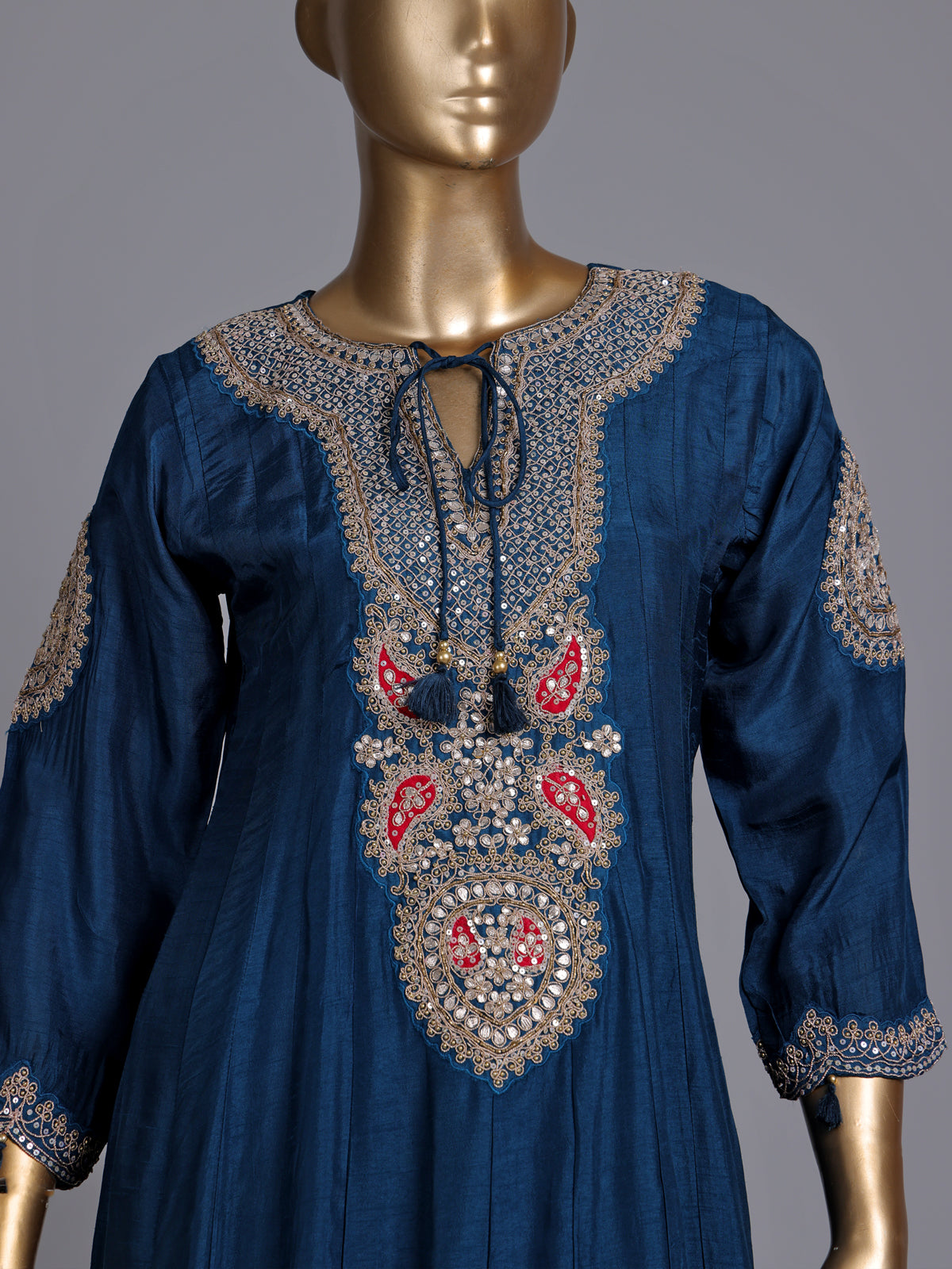 Rama blue silk anarkali suit with keyhole neckline and dupatta