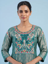 Rama green silk yoke style sharara suit with dupatta