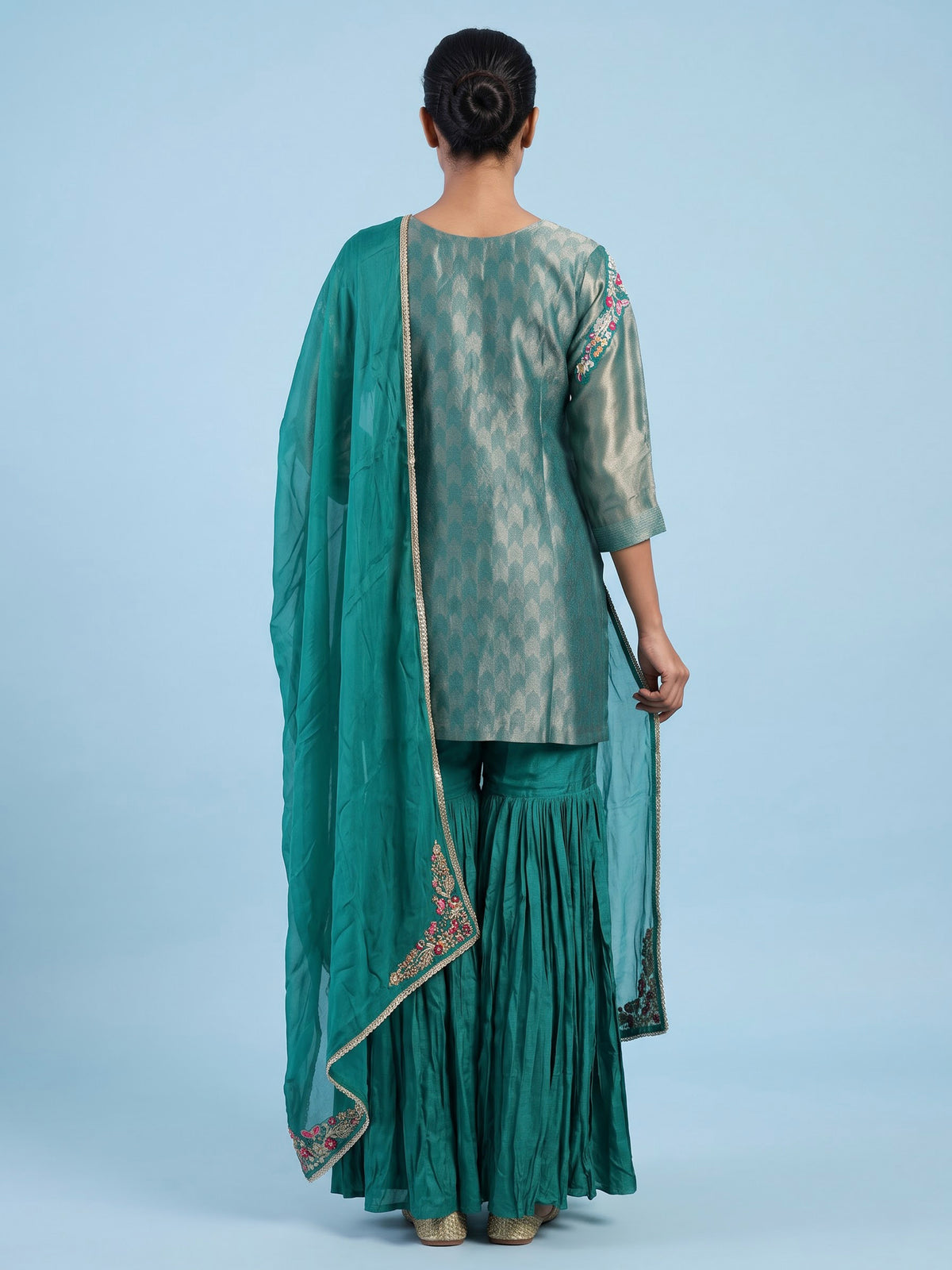 Rama green silk yoke style sharara suit with dupatta