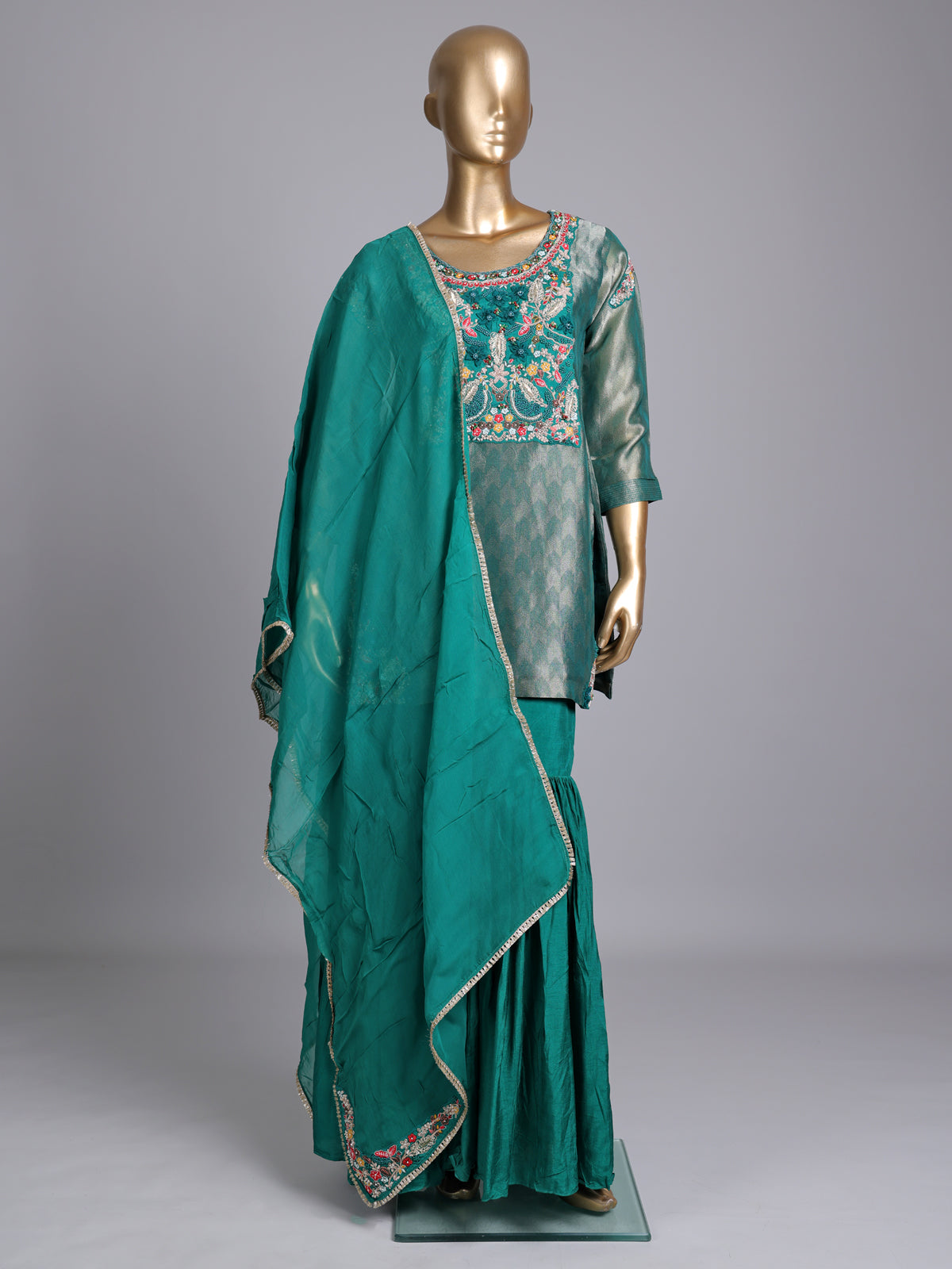 Rama green silk yoke style sharara suit with dupatta