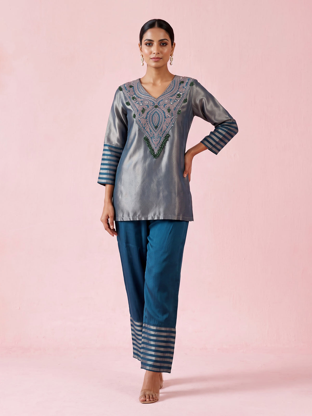 Peacock blue silk yoke style palazzo pant suit with embellishments