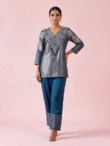 Peacock blue silk yoke style palazzo pant suit with embellishments