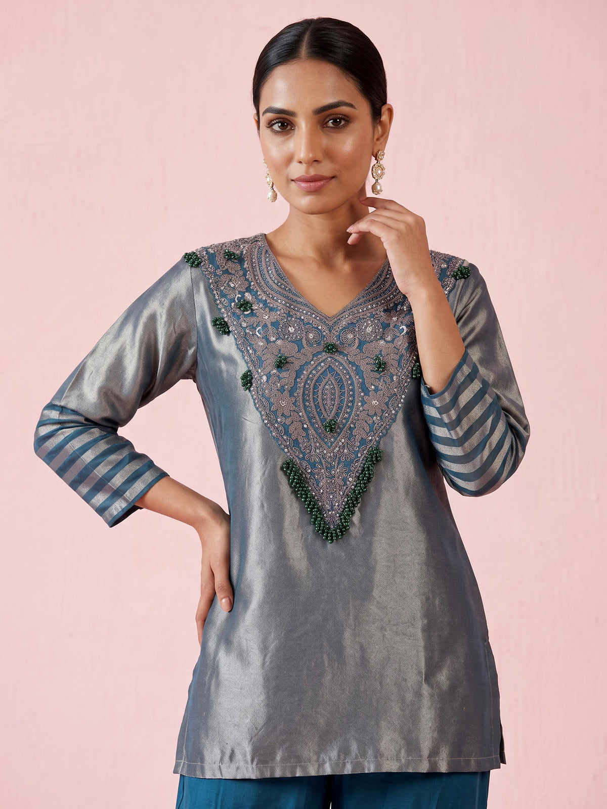 Peacock blue silk yoke style palazzo pant suit with embellishments