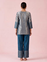 Peacock blue silk yoke style palazzo pant suit with embellishments