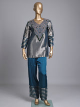 Peacock blue silk yoke style palazzo pant suit with embellishments