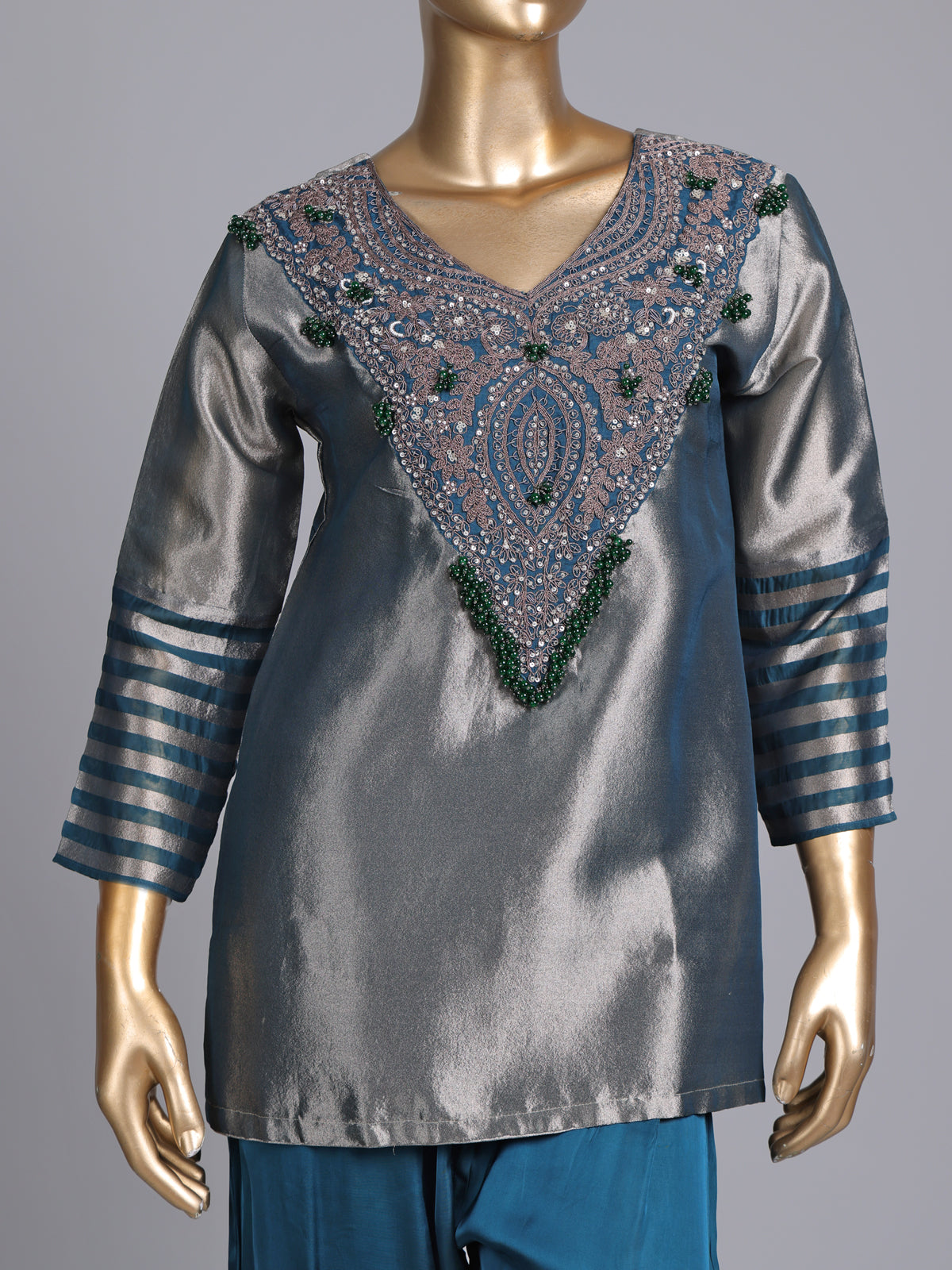 Peacock blue silk yoke style palazzo pant suit with embellishments
