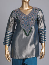 Peacock blue silk yoke style palazzo pant suit with embellishments