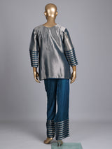 Peacock blue silk yoke style palazzo pant suit with embellishments