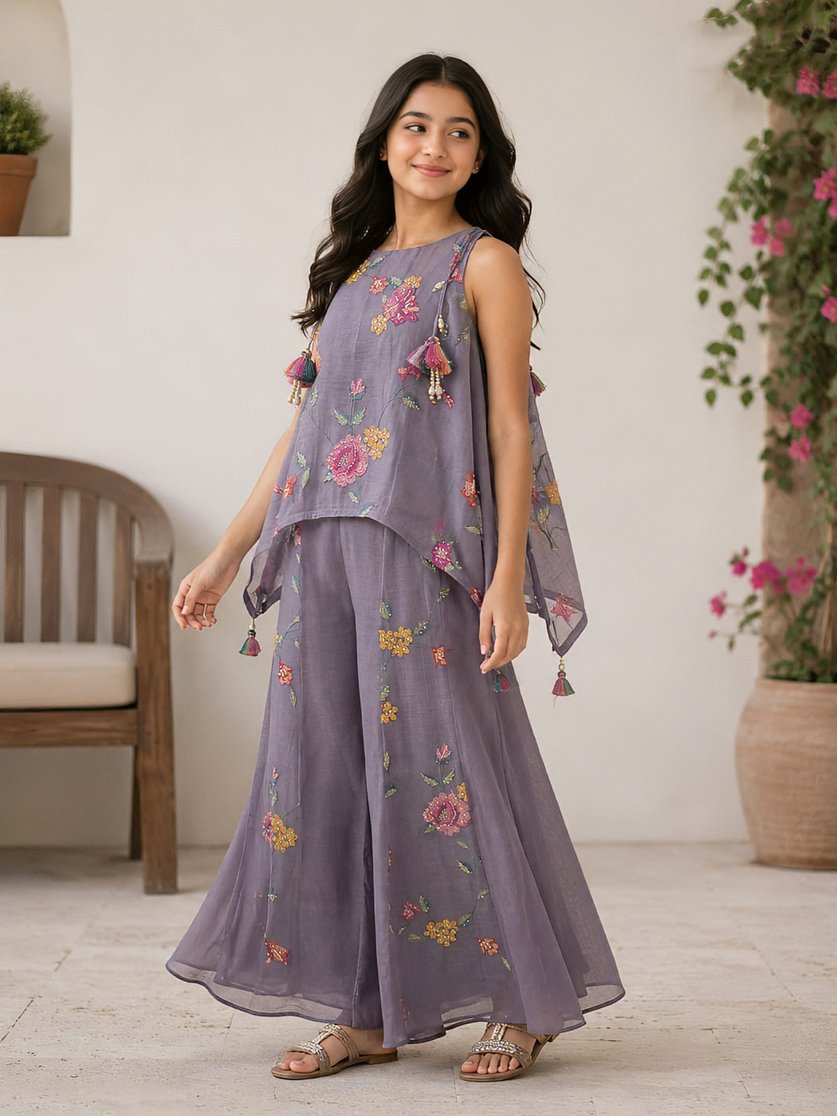 Dusty lavender cotton tissue girls palazzo suit