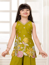 Mehendi green crepe silk girls embroidered palazzo suit